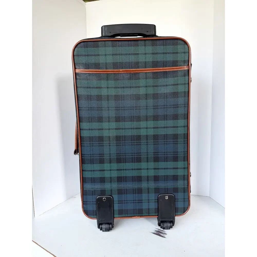 Polo Ralph Lauren Blackwatch Plaid Carry On Luggage Suitcase Leather Navy Green